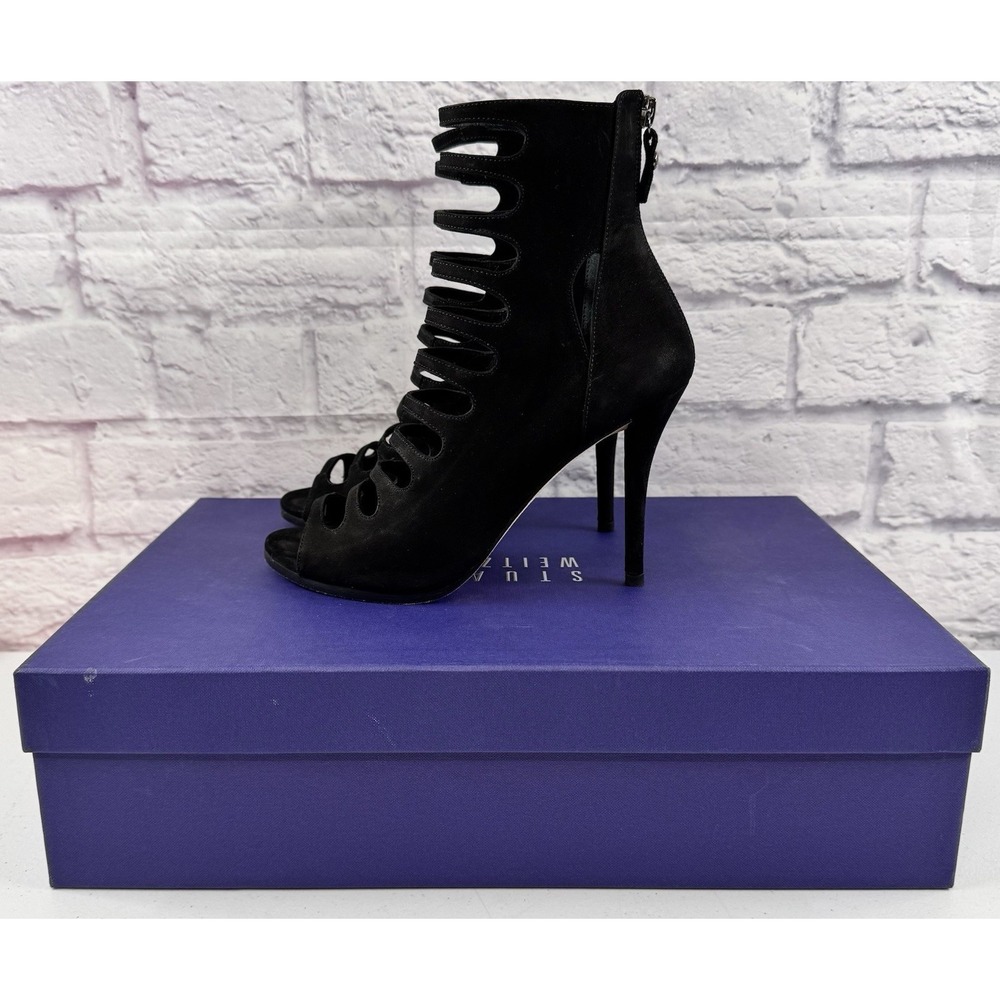 Stuart Weitzman Black Suede Gladiator Stiletto Heels Open Toe Shoes Zip Up Ria